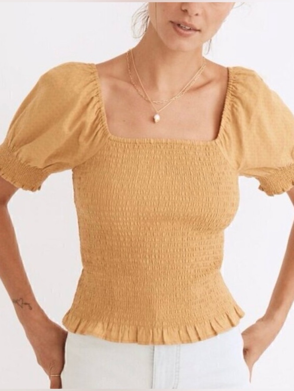 Madewell Lucie Puff-Sleeve Smocked Bodice Top Size M